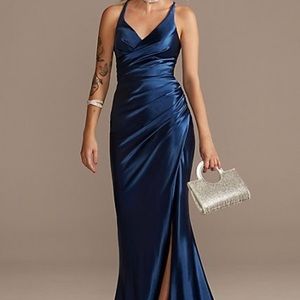 Ruched V-Neck Satin Sheath Gown with Slit- Perfect for prom or a wedding